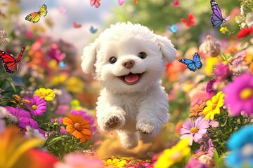 Sticker - a white puppy running through a field of flowers