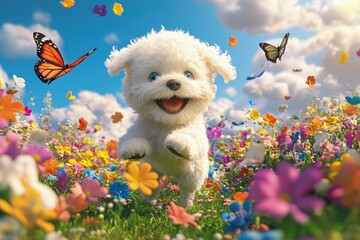 Sticker - a white dog running through a field of flowers