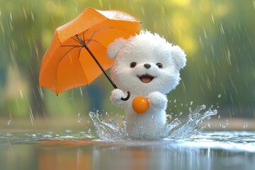 Poster - a white teddy bear holding an orange umbrella