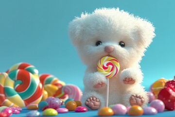 Poster - a white teddy bear holding a lollipop