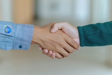 Close-up of two people shaking hands, symbolizing partnership and agreement in a professional setting.