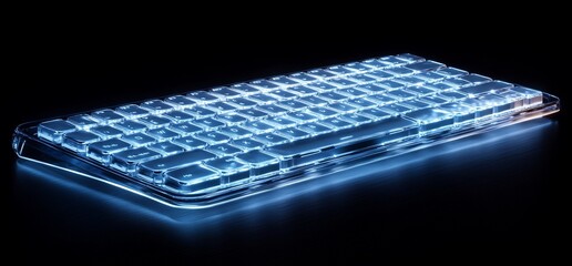 Poster - A glowing, transparent keyboard with blue light, isolated on a black background.