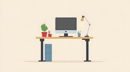 Poster - Minimalist Desk with Computer  Plant and Lamp
