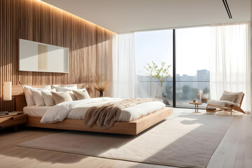 interior of bedroom with bed, white-toned house
