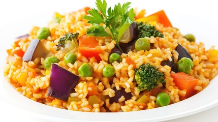 Delicious vegetable paella isolated on a white background. A vibrant and colorful display of fresh vegetables like bell peppers, tomatoes, and peas mixed with fragrant rice. 