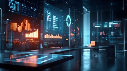 Poster - Futuristic Tech Office Interior with Holographic Screens and Data Visualizations