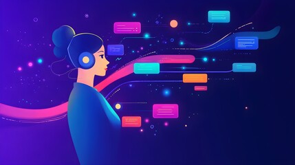 Poster - Woman with Headphones and Digital Information Flow