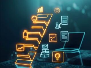 Poster - Business Strategy Funnel With Neon Icons And Laptop