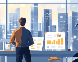 Poster - Businessman Looking at Cityscape From Office Window With Charts