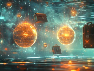 Poster - Futuristic Cyber   Space with Glowing Spheres and Briefcases