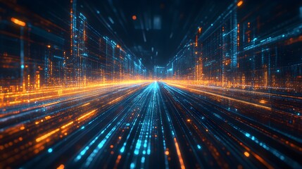 Poster - Futuristic Digital Cityscape with Blue and Orange Glowing Lines