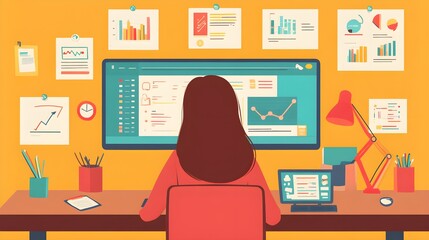 Poster - Woman Working on Computer with Charts and Graphs