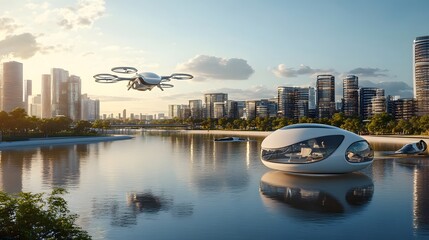 Cityscape of a futuristic urban environment with sleek modern buildings, eco-friendly technology, and flying vehicles