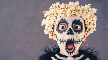 A child with skeleton face paint and a popcorn crown expresses shock with wide eyes and an open mouth, against a neutral background.