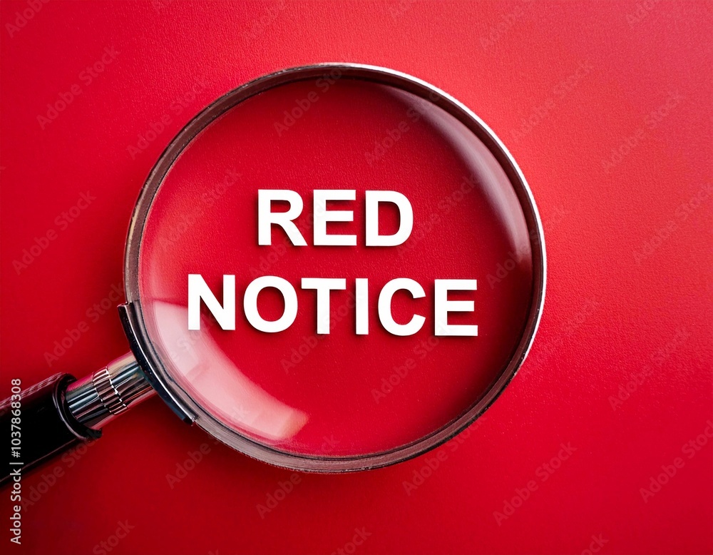 Red Notice Sign Write In Word RED NOTICE in white Looking through a magnifying glass on red ...