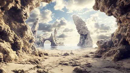 A scenic view of a sandy beach with towering rock formations and an archway in the distance, with the sun shining through the clouds and the water glistening in the background.