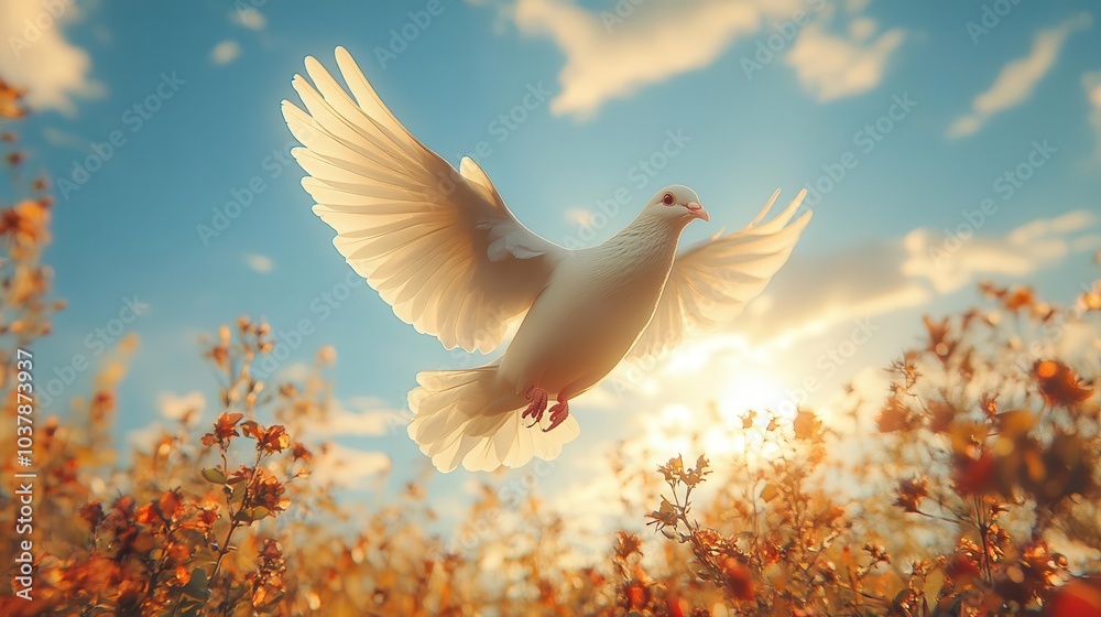freeflying white dove gracefully glides across a clear blue sky ...