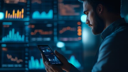 Poster - Focused Broker Analyzing Sales Data on Tablet