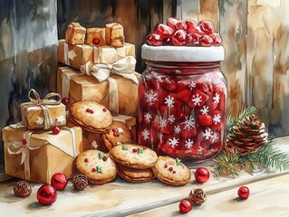 colorful christmas cookie jar illustrated in watercolor, filled with assorted festive treats, embodying the spirit of holiday joy and celebration