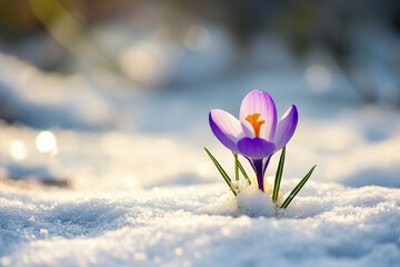 purple crocus flower blossom growing in melting snow early spring sunny day