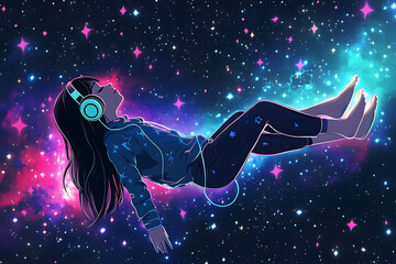 A girl with headphones floats in a colorful cosmic space, immersed in music and tranquility.