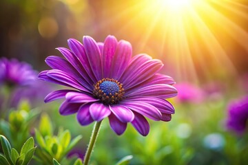 Wall Mural - Close-up of purple wildflower with sun shining in the background