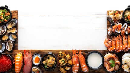 a perspective photo of a wooden table with beautiful dishes of sea food on top of it