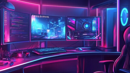 Poster - A digital illustration of a gaming rig with curved monitors, an RGB mouse, and dynamic neon lights, exuding a futuristic vibe