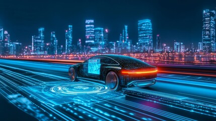 Poster - A modern autonomous vehicle gliding along a smart road, vibrant night cityscape in the background, with holograms providing AI-driven driving insights