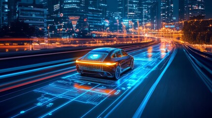 Poster - A modern autonomous vehicle gliding along a smart road, vibrant night cityscape in the background, with holograms providing AI-driven driving insights