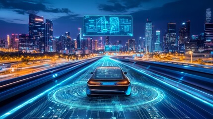 Poster - A self-driving car gliding along a glowing smart road, interactive holograms projecting AI guidance and maps above, set against a dazzling night city view