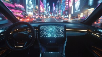 Poster - A sleek autonomous car driving smoothly through a futuristic city, holograms floating above the dashboard, displaying live maps and AI guidance