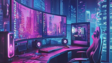  - AI-illustrated cyberpunk gaming setup with curved monitors, an RGB mouse, and vivid ambient light