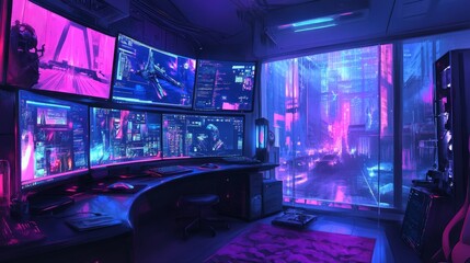  - AI-illustrated cyberpunk gaming setup with curved monitors, an RGB mouse, and vivid ambient light