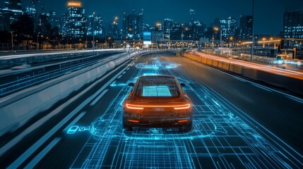Poster - An advanced autonomous car moving along a smart road at night, with floating holograms displaying AI suggestions and real-time tracking maps