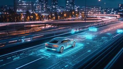 Poster - An advanced autonomous car moving along a smart road at night, with floating holograms displaying AI suggestions and real-time tracking maps