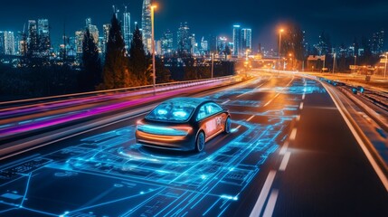 Poster - An advanced autonomous car moving along a smart road at night, with floating holograms displaying AI suggestions and real-time tracking maps