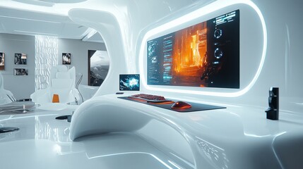  - Futuristic AI-rendered gaming setup with curved displays and a vibrant RGB mouse in a minimalist, high-tech room