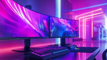  - Futuristic AI-rendered gaming setup with curved displays and a vibrant RGB mouse in a minimalist, high-tech room