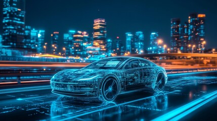 Poster - Futuristic autonomous car cruising on a smart road at night, with floating holographic displays showing real-time navigation and speed, framed by a vibrant cityscape