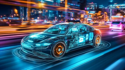 Poster - Futuristic self-driving car cruising through a vibrant night city, with holographic displays showing navigation data, speed, and nearby traffic updates