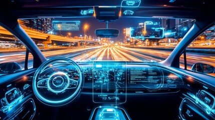 Poster - Futuristic self-driving car cruising through a vibrant night city, with holographic displays showing navigation data, speed, and nearby traffic updates