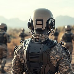 Futuristic military exoskeletons on a sci-fi battlefield, innovation in defense technology