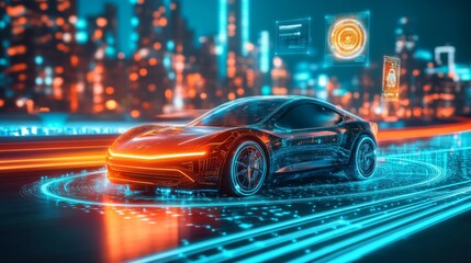 Poster - Futuristic self-driving car on a glowing smart road, with floating holograms offering real-time traffic insights and AI instructions, under vibrant city lights