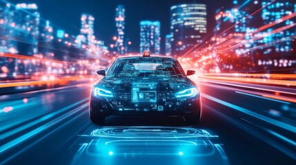 Poster - Futuristic self-driving car cruising through a vibrant night city, with holographic displays showing navigation data, speed, and nearby traffic updates