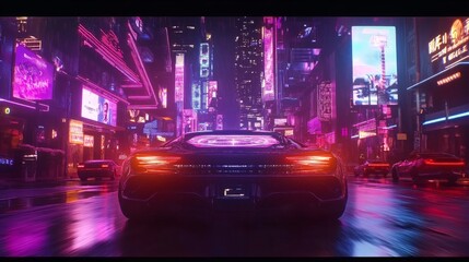Poster - Futuristic self-driving car cruising through a vibrant night city, with holographic displays showing navigation data, speed, and nearby traffic updates