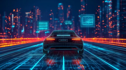 Poster - Futuristic self-driving car on a glowing smart road, with floating holograms offering real-time traffic insights and AI instructions, under vibrant city lights