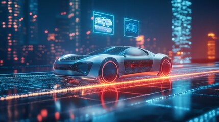 Poster - Futuristic self-driving car on a glowing smart road, with floating holograms offering real-time traffic insights and AI instructions, under vibrant city lights