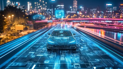 Poster - Futuristic self-driving car on a glowing smart road, with floating holograms offering real-time traffic insights and AI instructions, under vibrant city lights