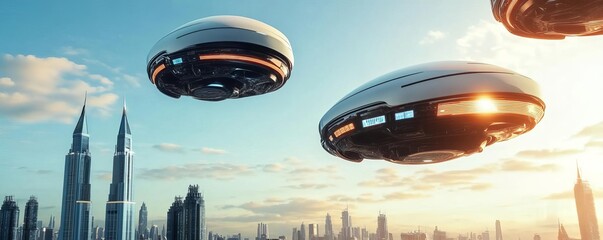 Holographic ads floating in the sky of a futuristic metropolis, sci-fi marketing innovation